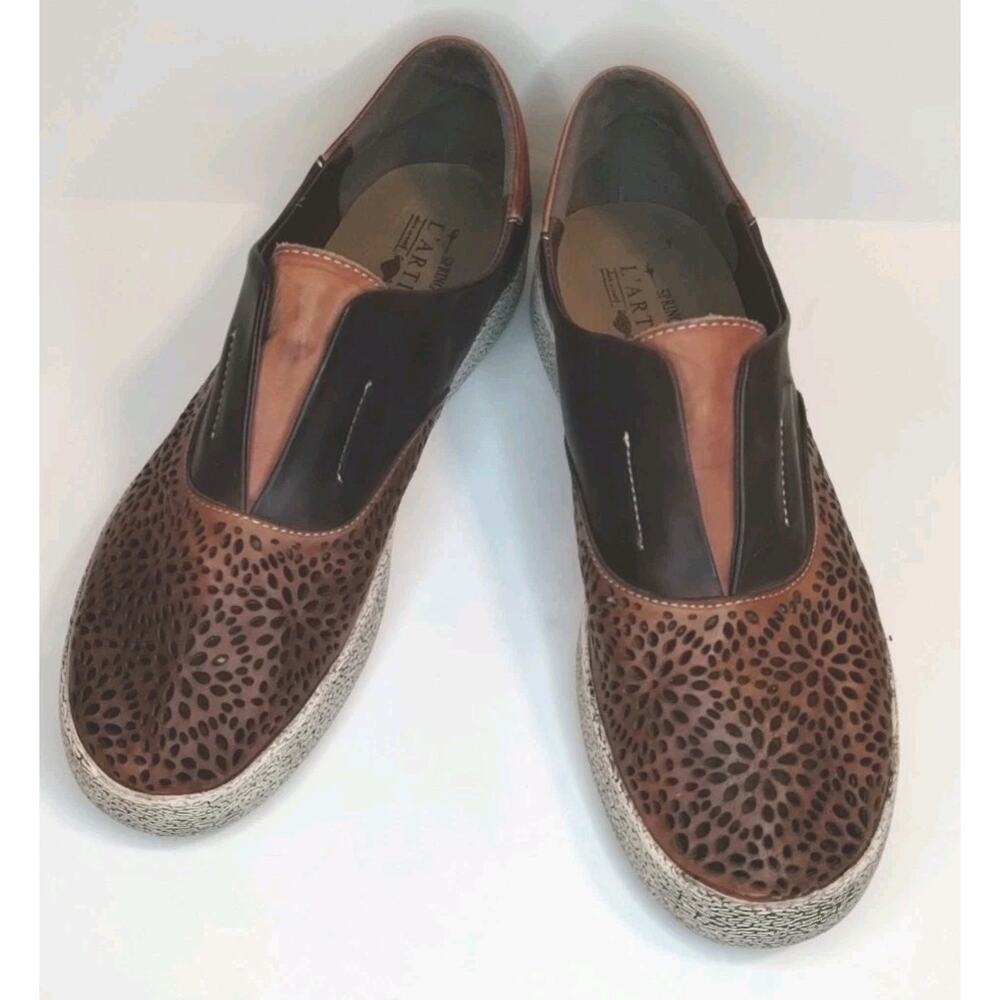 Lartiste Spring Step Belia NEW Brown Floral Laser Cut Leather Slip On Sneaker 41